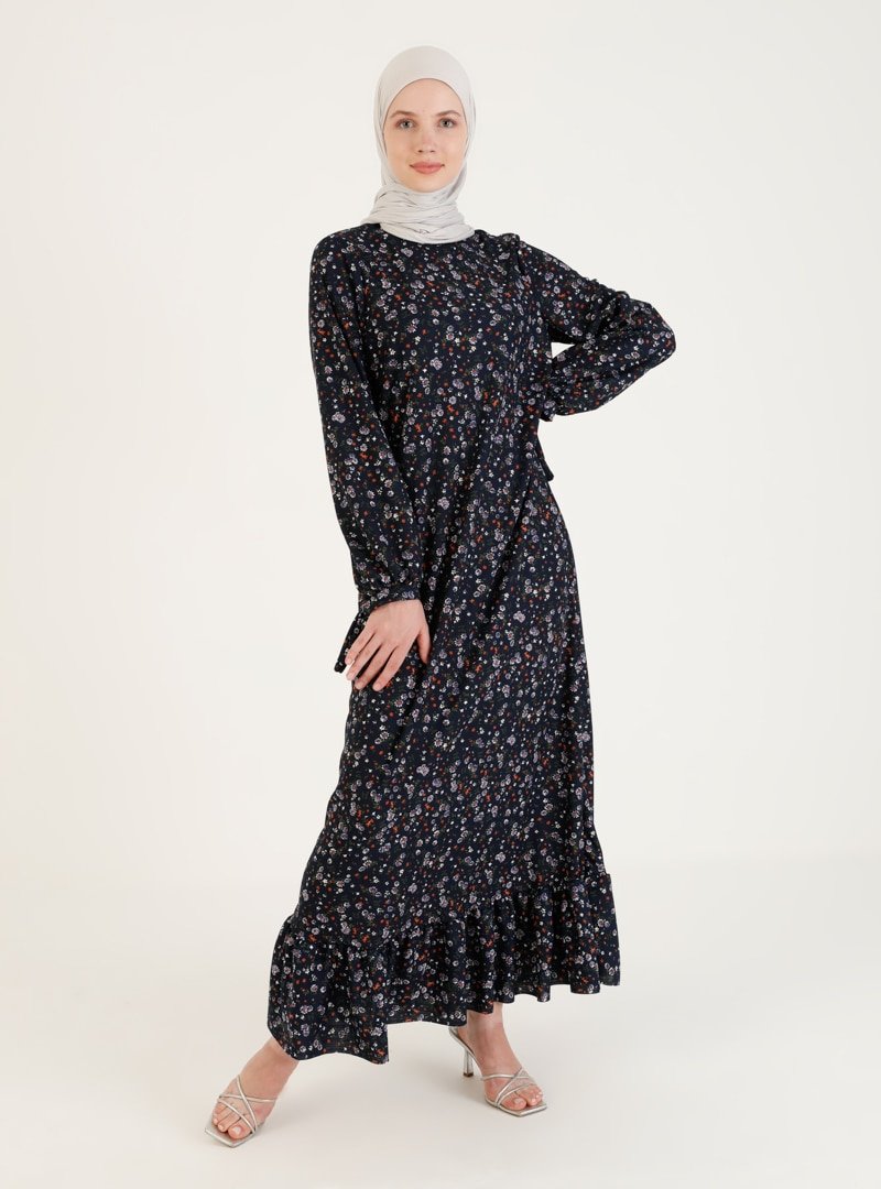 Moda Zenis Lacivert Etek Uçları Fırfırlı Desenli Elbise