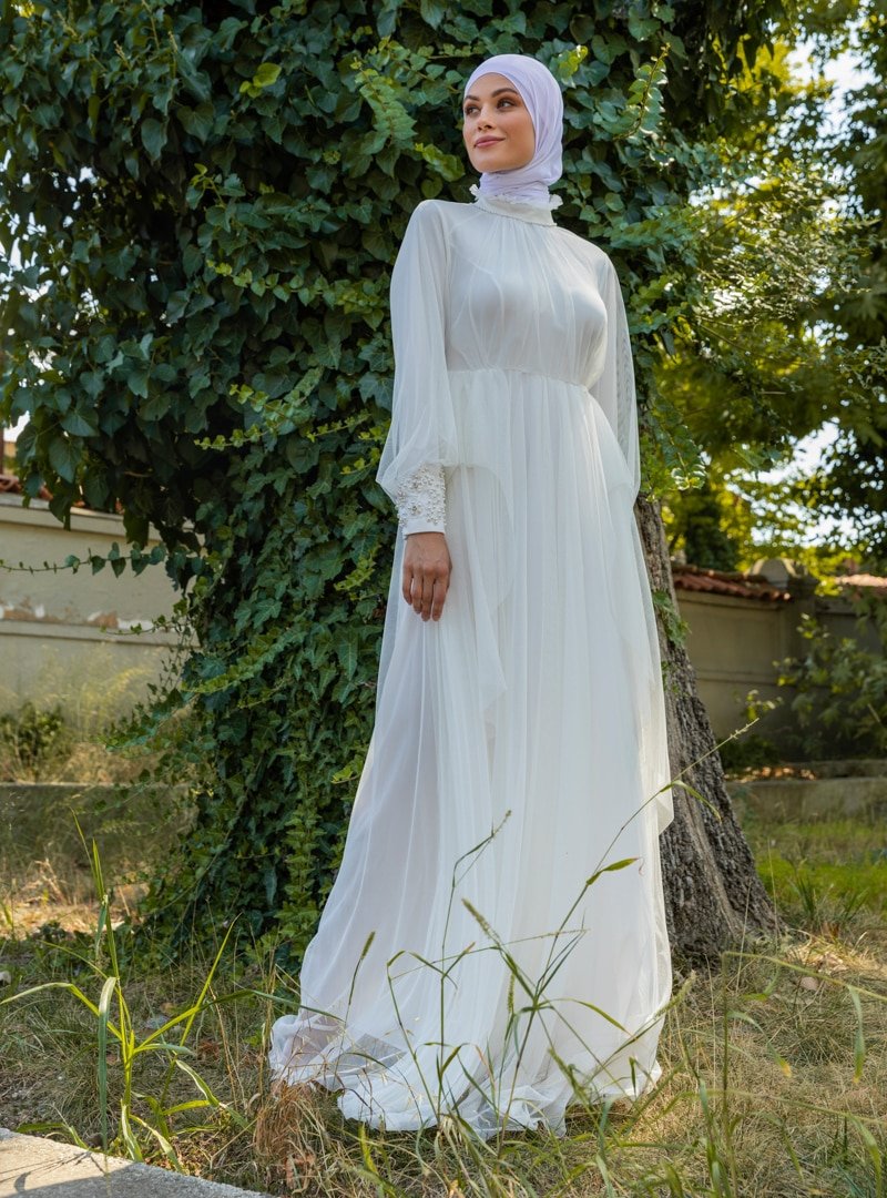 Refka Off White Boncuk Detaylı Tül Abiye Elbise