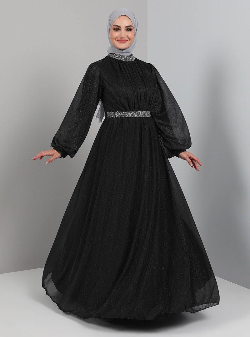 Tavin Siyah Sim Detaylı Tüllü Abiye Elbise