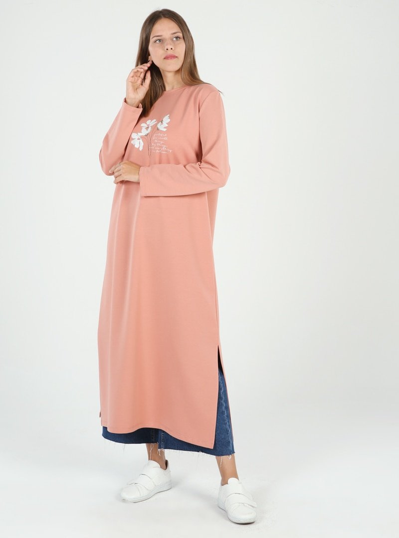 Allday Gül Kurusu Baskılı Yırtmaçlı Uzun Tunik