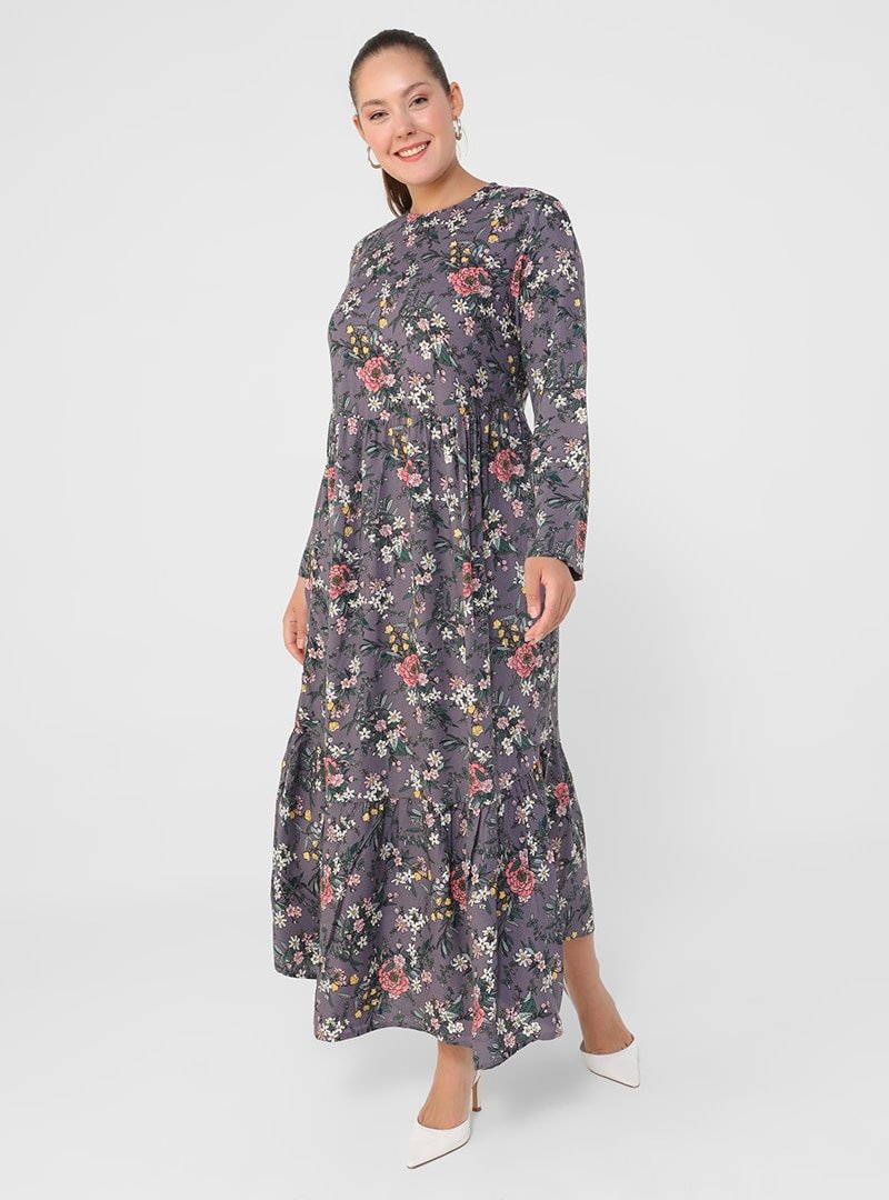 Alia Lila Büyük Beden Doğal Kumaşlı Çiçek Desenli Elbise