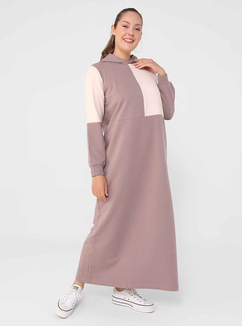 Alia Yasemen Kardelen Büyük Beden Kapüşonlu Renk Bloklu Elbise