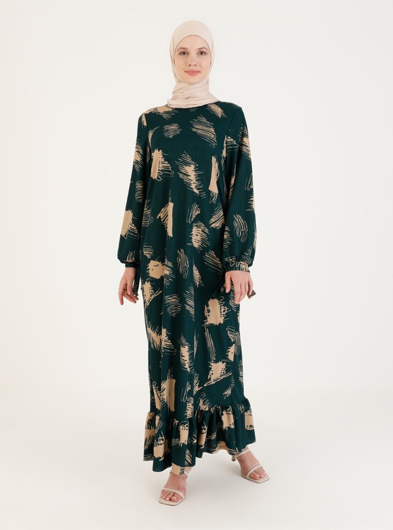 Moda Zenis Petrol Etek Uçları Fırfırlı Desenli Elbise