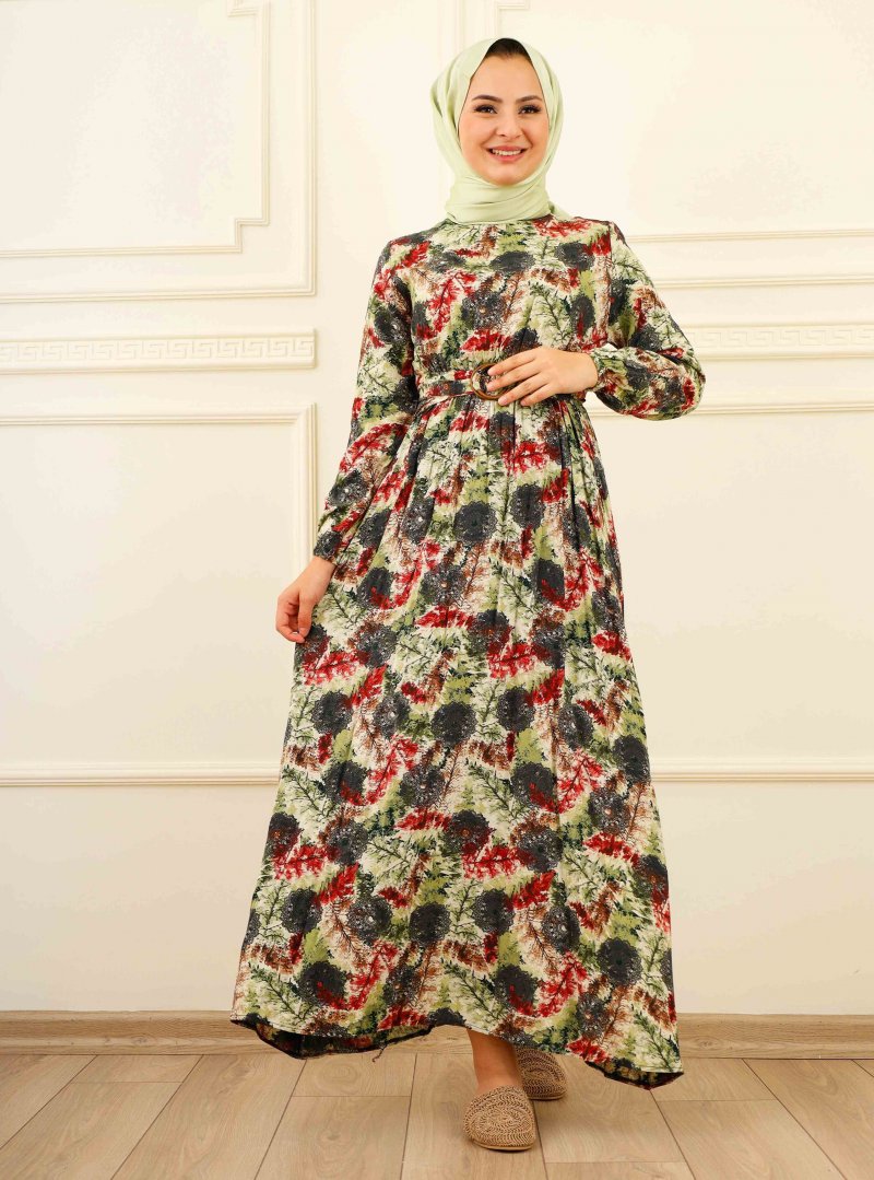 Moda Dua Çok Renkli Belden Kemerli Viskon Elbise
