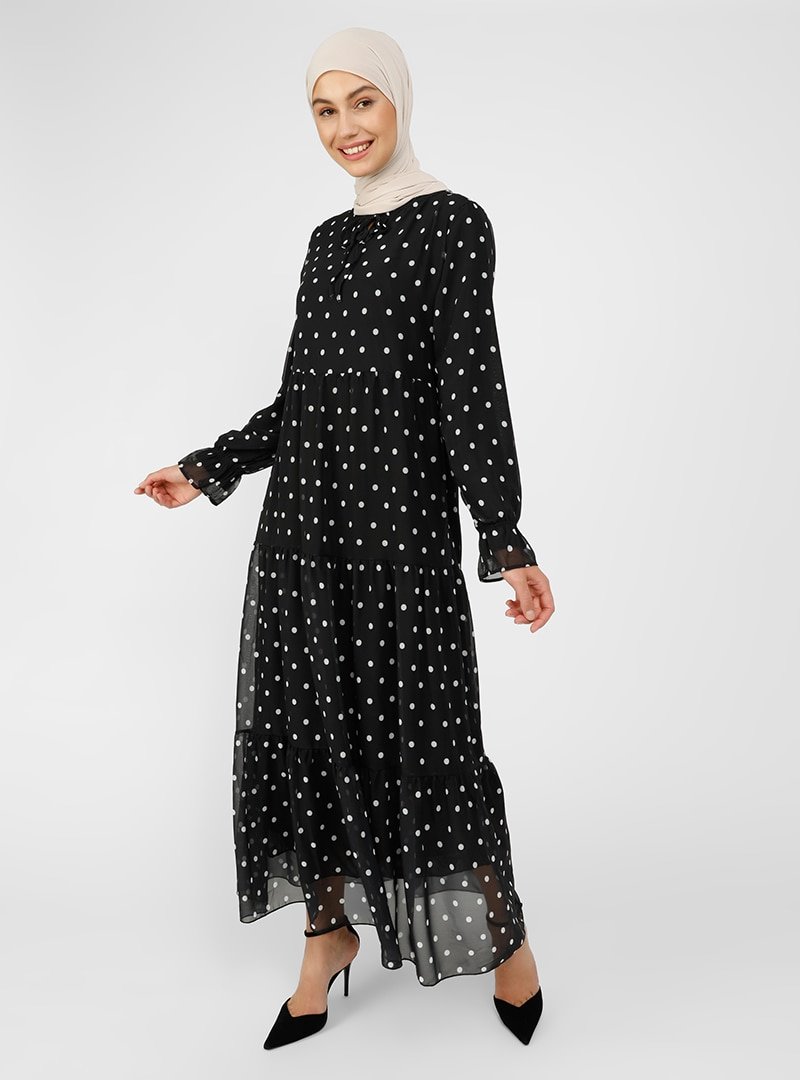 Refka Siyah Beyaz Yakası Bağlamalı Rahat Kesim Şifon Elbise