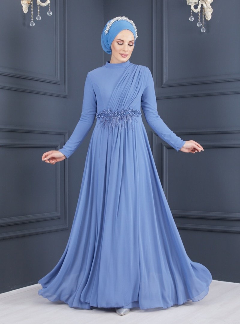 Sew&Design İndigo Aplikeli İşlemeli Şifon Abiye Elbise