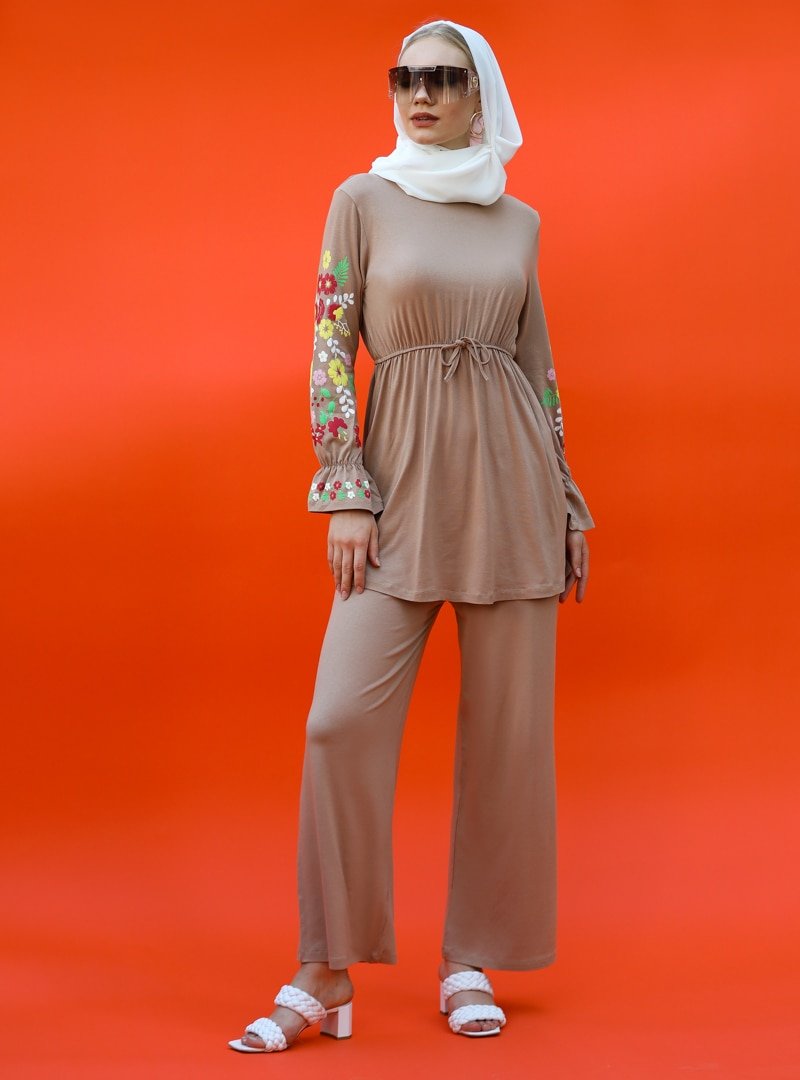 Selma Sarı Design Taba Kolları Baskılı Tunik&Pantolon İkili Takım