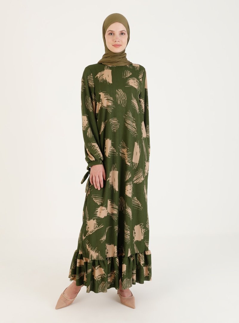 Moda Zenis Yeşil Etek Uçları Fırfırlı Desenli Elbise