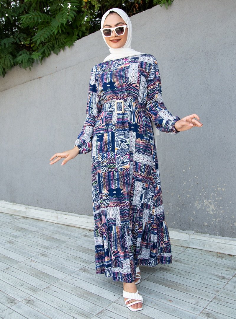 Sevit-Li Lacivert Desenli Elbise