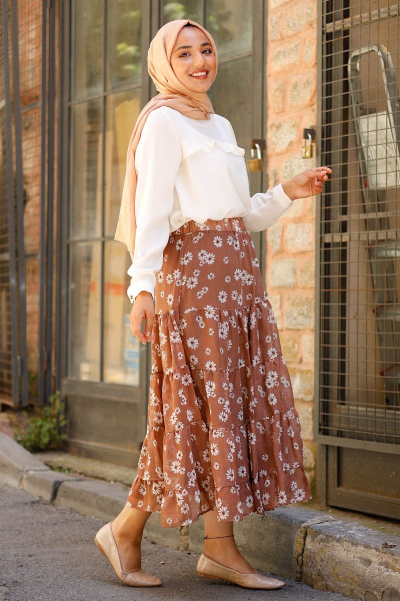 In Style Kahve Kasımpatı Desen Astarlı Şifon Etek