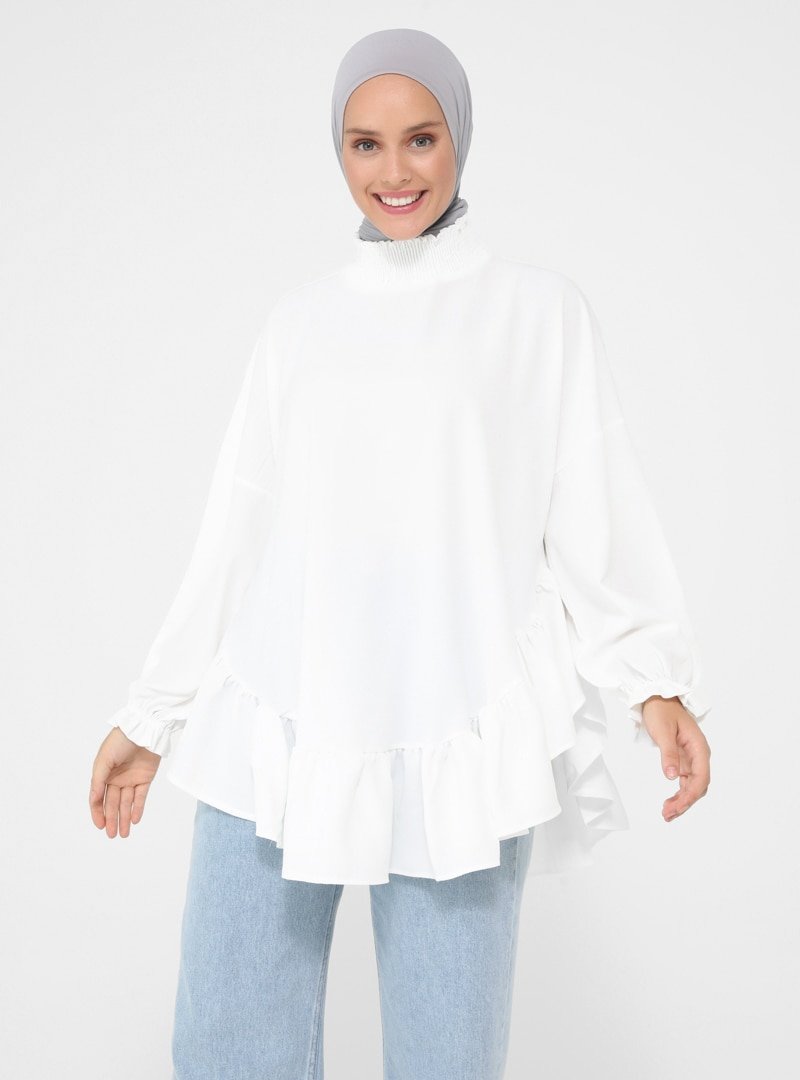 Refka Off White Volan Detaylı Aerobin Tunik