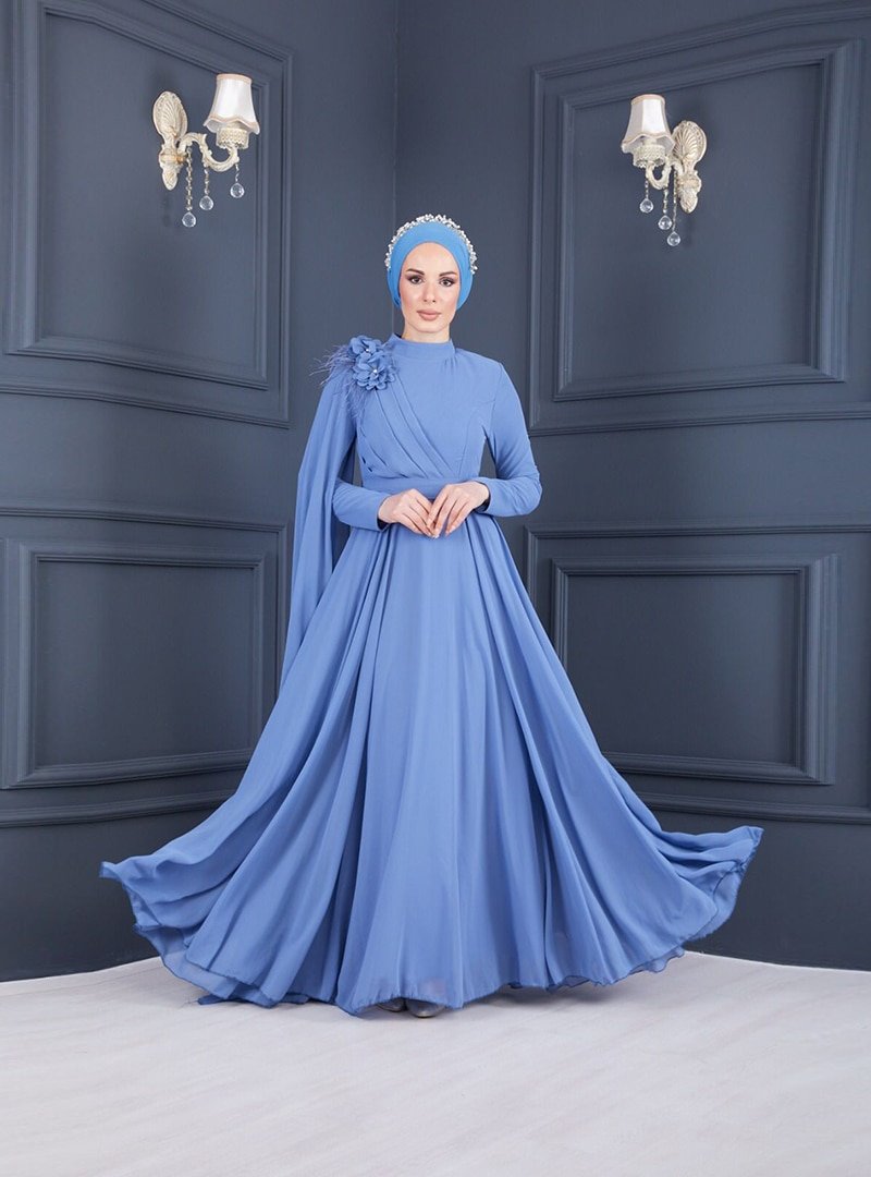 Sew&Design İndigo Omuzu Çiçekli Pileli Şifon Abiye Elbise