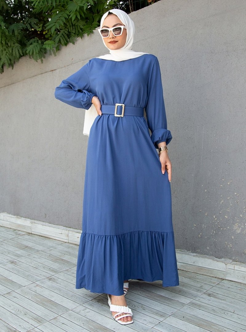 Sevit-Li Mavi Kemer Detaylı Elbise