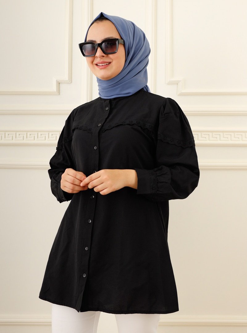 Moda Dua Siyah Güpürlü Gömlek Tunik