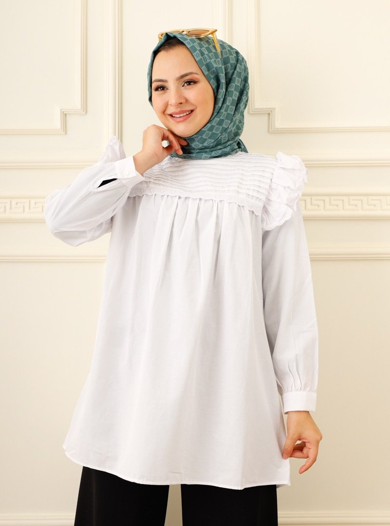 Moda Dua Beyaz Piliseli Gömlek Tunik