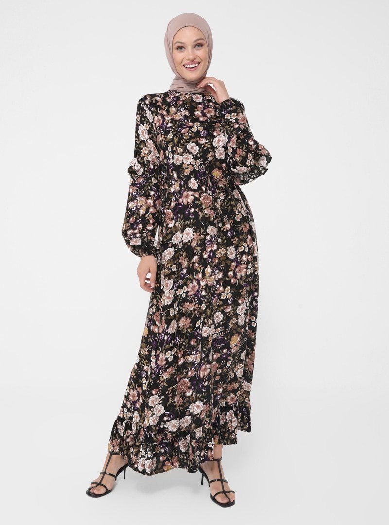 Refka Kahverengi Doğal Kumaşlı Fırfır Detaylı Çiçek Desenli Elbise