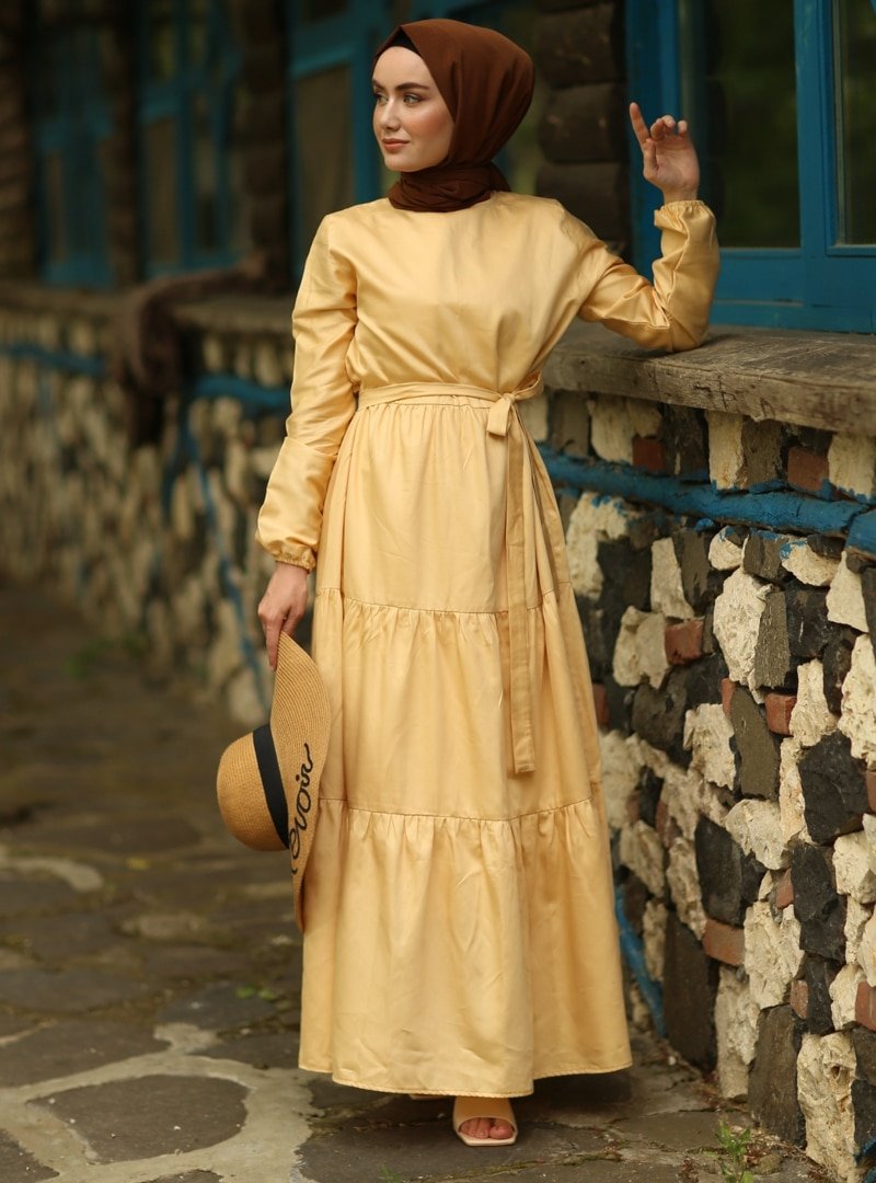 Ceylan Otantik Bal Köpüğü Düz Renk Kat Kat Elbise