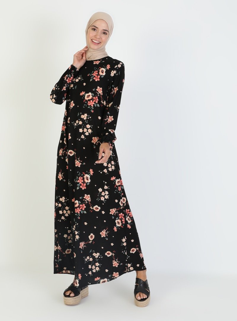 ECESUN Siyah Çiçek Desenli Elbise