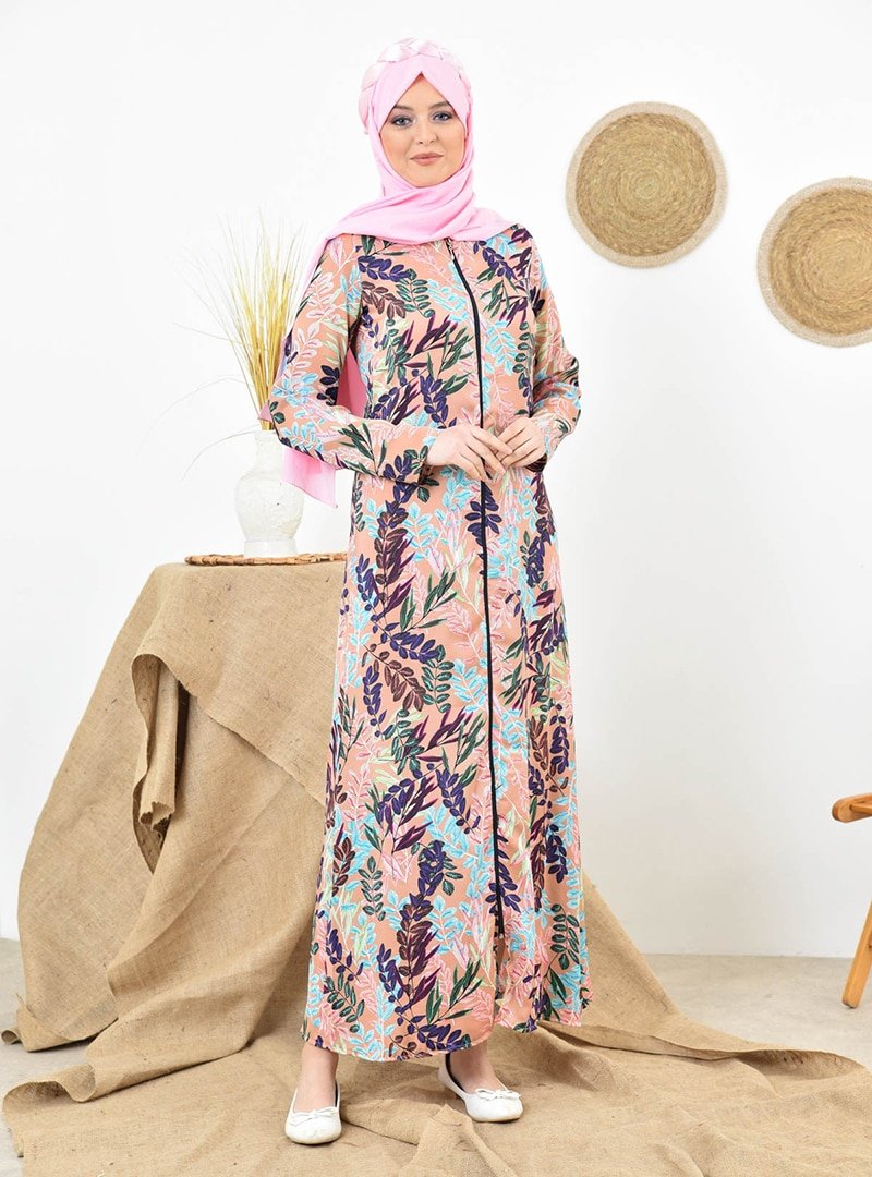 Filizzade Camel Fermuar Detaylı Desenli Abiye Ferace