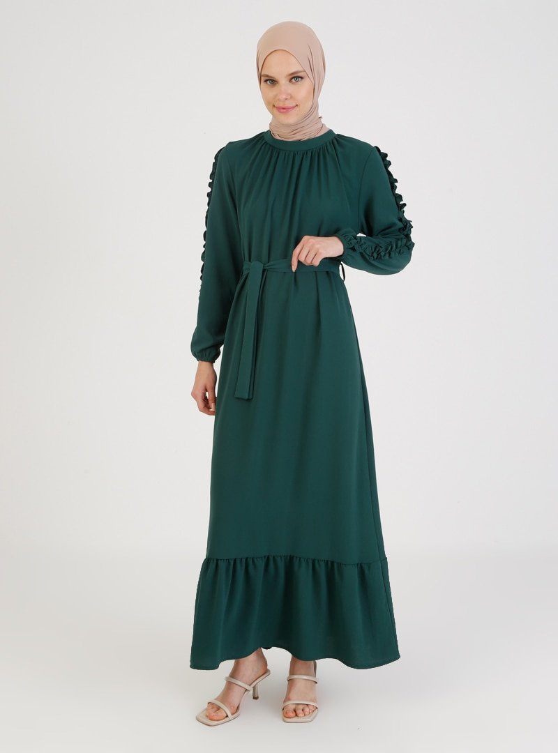 ZENANE Zümrüt Yeşili Fırfır Detaylı Elbise