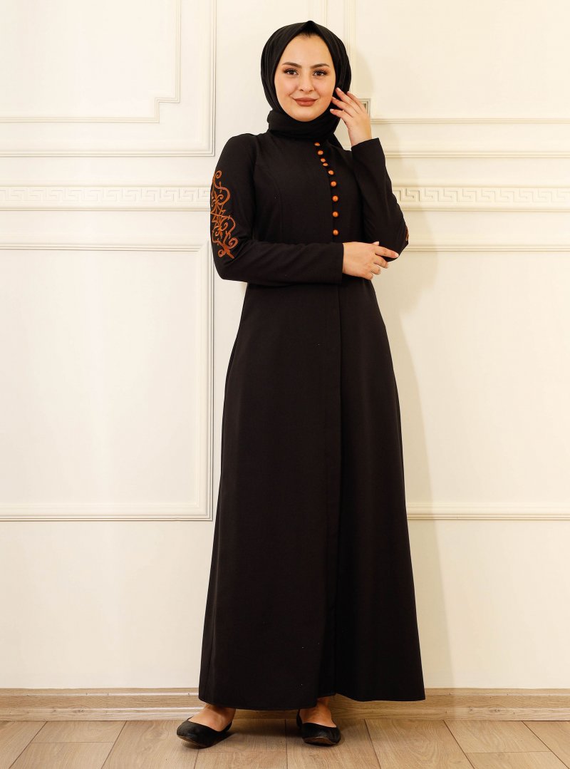 Moda Dua Siyah Kolu Nakışlı Kemerli Elbise