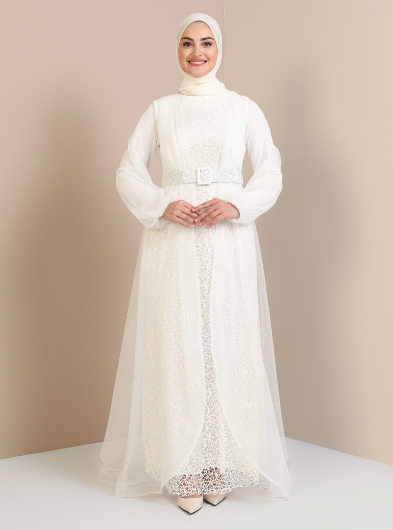 Tavin Beyaz Kemer Detaylı Tüllü Abiye Elbise
