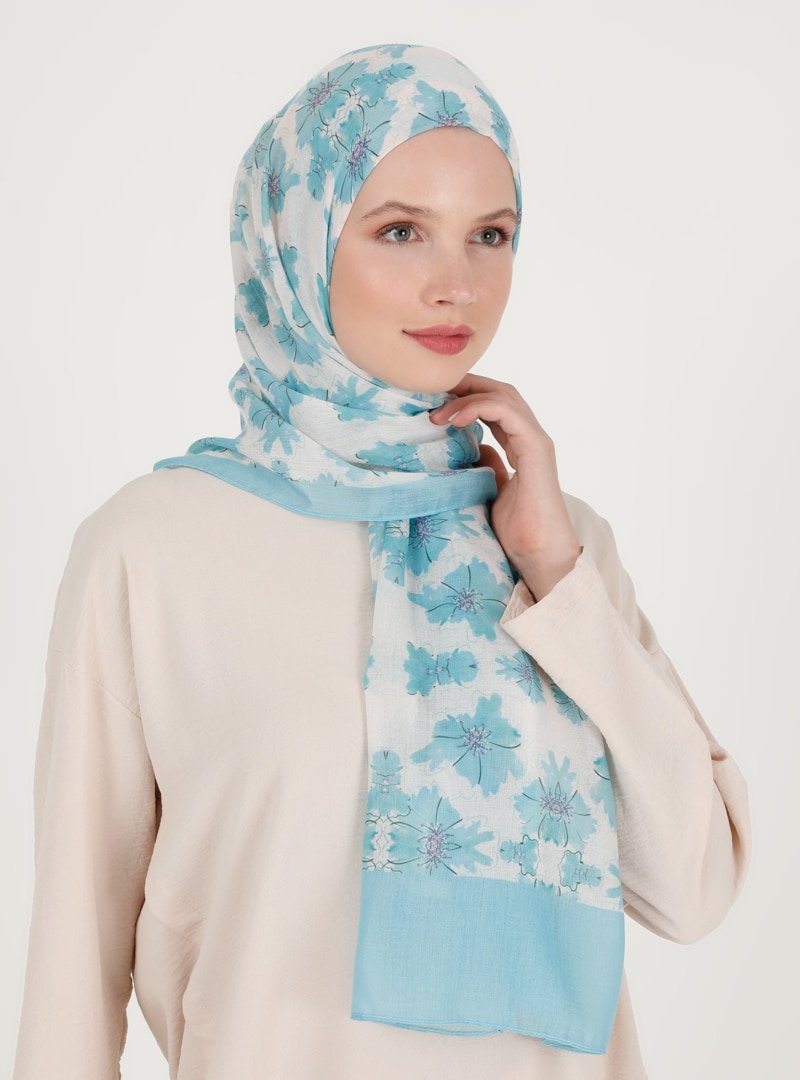 Soft Scarfs Mavi Çiçek Desenli Şal