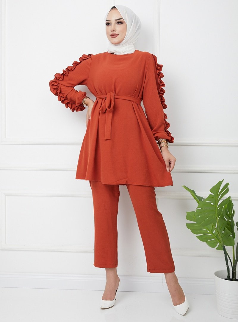Olcay Turuncu Kolları Fırfırlı Tunik & Pantolon İkili Takım