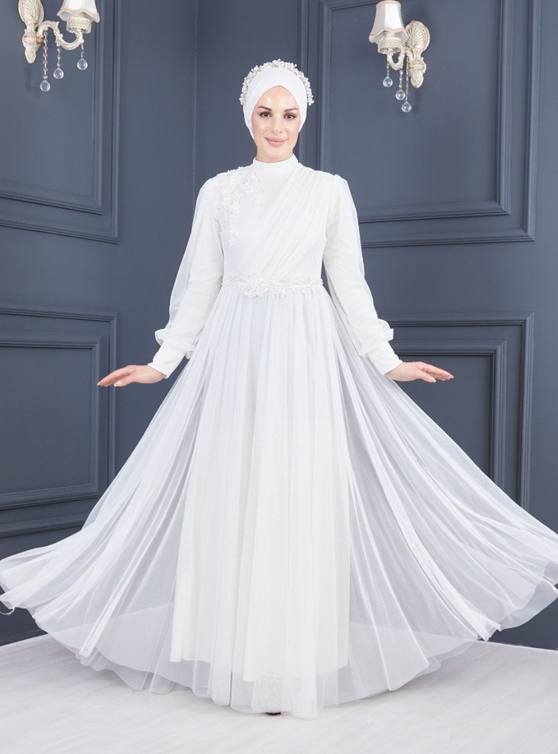 Sew&Design Ekru Aplikeli Tül Kloş Abiye Elbise