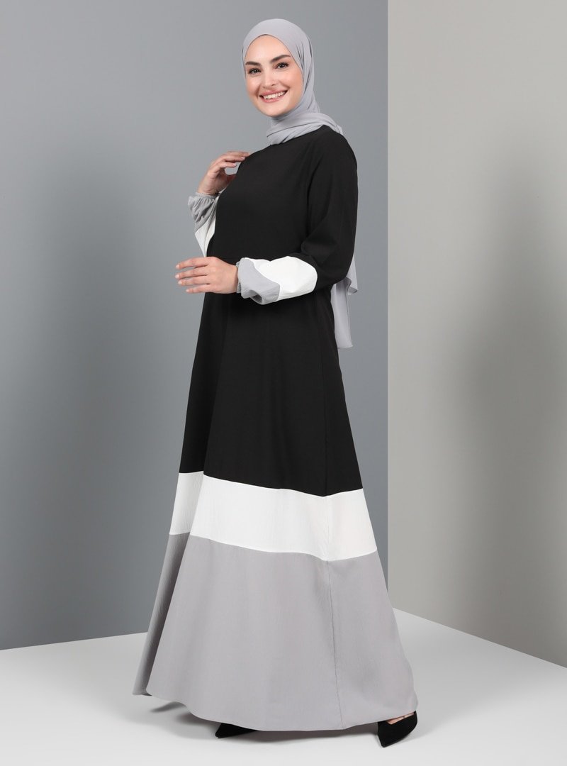 Tavin Siyah Gri Beyaz Color Blok Kuşaklı Elbise