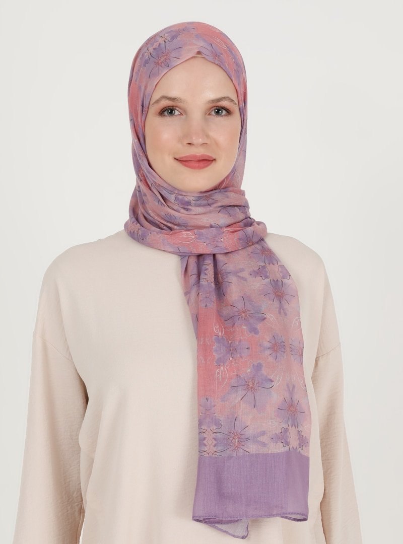 Soft Scarfs Lila Gül Çiçek Desenli Şal