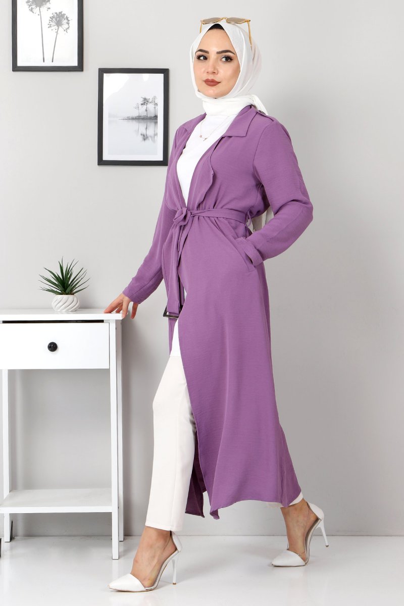 Tesettür Dünyası Mor Beli Kemerli Ayrobin Kap