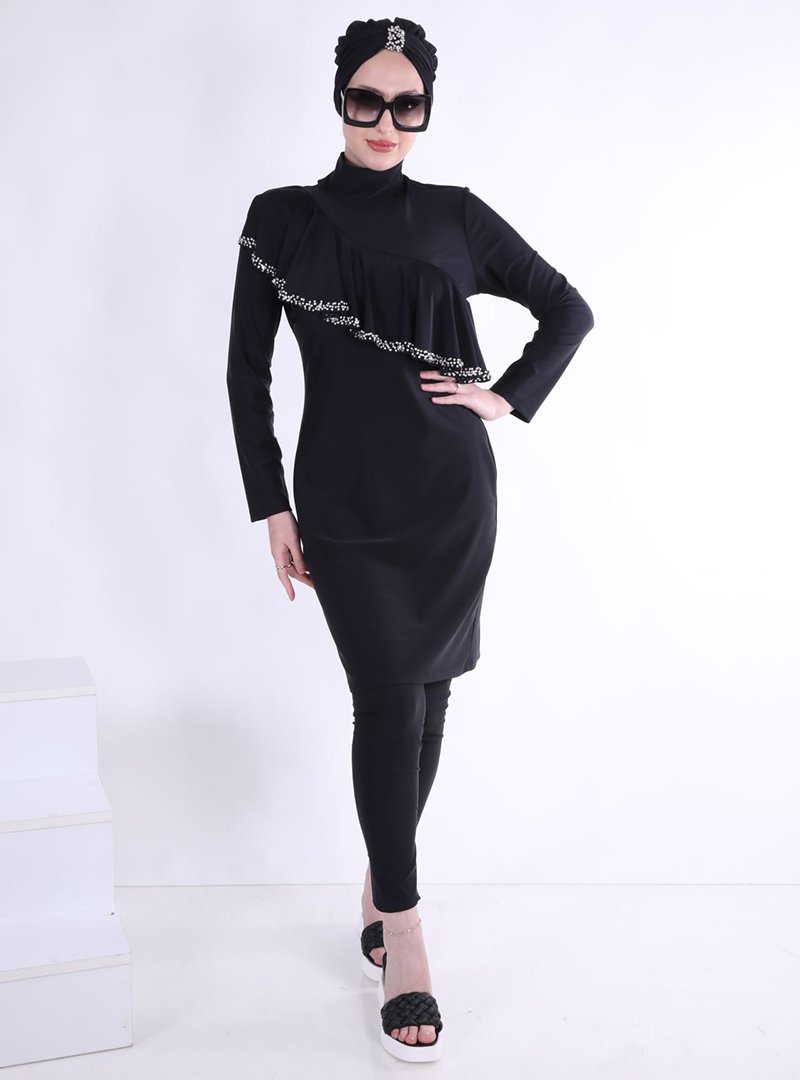 Ns Tasarım Tesettür Mayo Siyah Allerli Mayo Takım