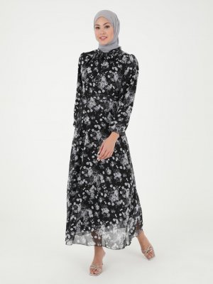 BÜRÜN Siyah Çiçek Desenli Elbise