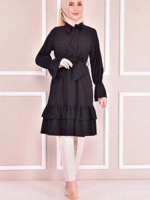 Moda Merve Siyah Yaka Bağcıklı Tunik