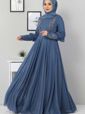 MISSVALLE Mavi Dantel Detaylı Simli Abiye Elbise