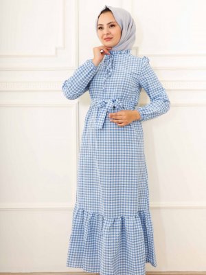 Moda Dua Mavi Eteği Fırfırlı Belden Bağlamalı Elbise