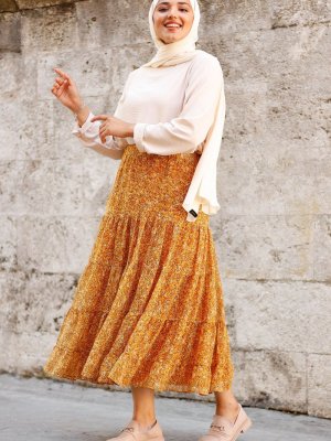 In Style Sarı Lastikli Çıtır Desen Astarlı Şifon Etek