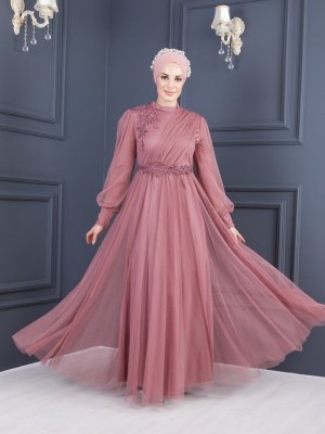 Sew&Design Gül Kurusu Aplikeli Tül Kloş Abiye Elbise