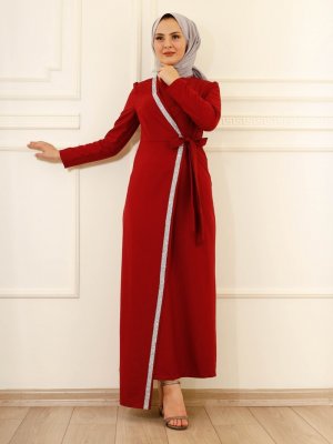Moda Dua Bordo Önü Taşlı Kruvaze Abiye Elbise