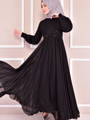 Moda Merve Siyah Güpür Detay Abiye Elbise