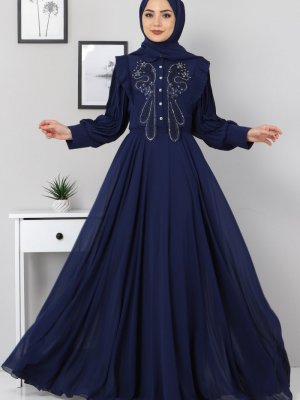 MISSVALLE İndigo Piliseli İncili Abiye Elbise