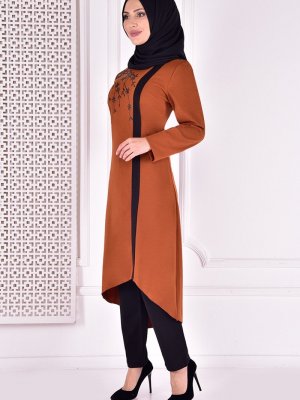Moda Merve Kiremit Baskı Detaylı Abiye Takım