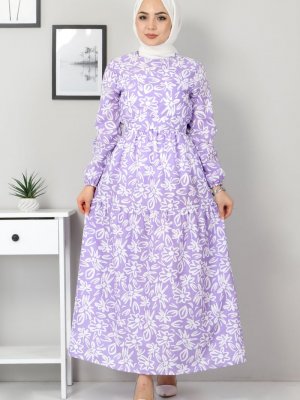 Tesettür Dünyası Lila Çiçekli Kloş Elbise