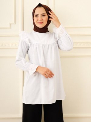 Moda Dua Beyaz Pile Detaylı Gömlek Tunik