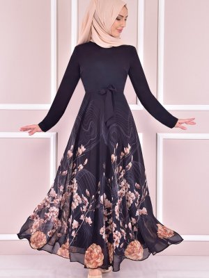 Moda Merve Siyah Şifon Abiye Elbise