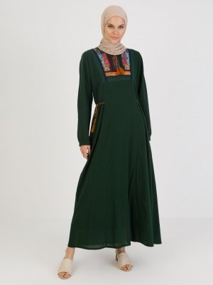 Elis Şile Bezi Yeşil Şile Bezi Nakış Detaylı Elbise