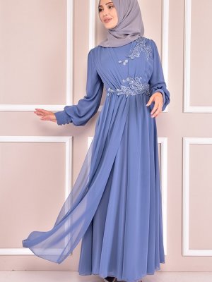 Moda Merve Mavi İnci Detay Abiye Elbise
