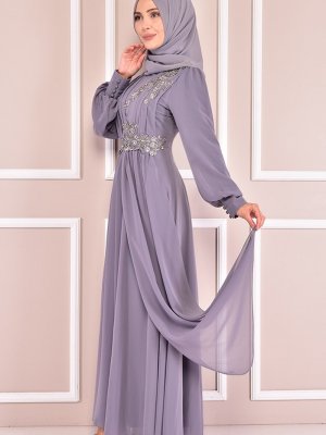 Moda Merve Gri İnci Detay Abiye Elbise