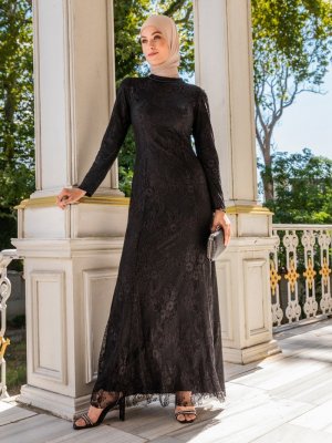 Refka Siyah Boncuk Detaylı Tül Abiye Elbise